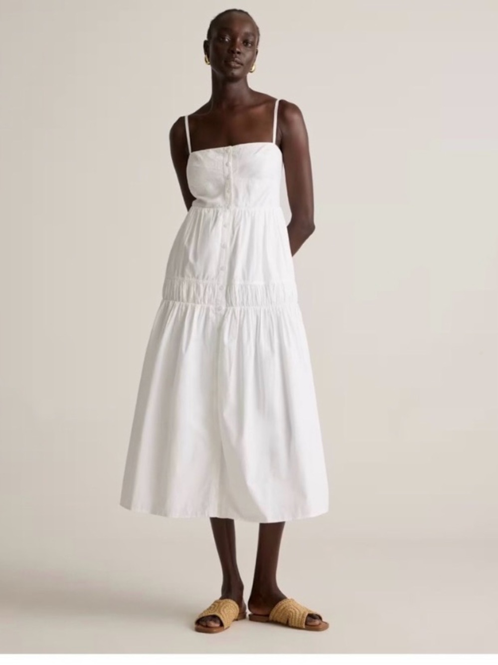 Quince White Spaghetti-Strap Tiered Midi Dress (New With Tag), Size: S